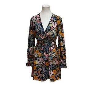 WAYF Black Multicolor Floral VNeck Long Sleeve Smocked Waist Short Dress Women S